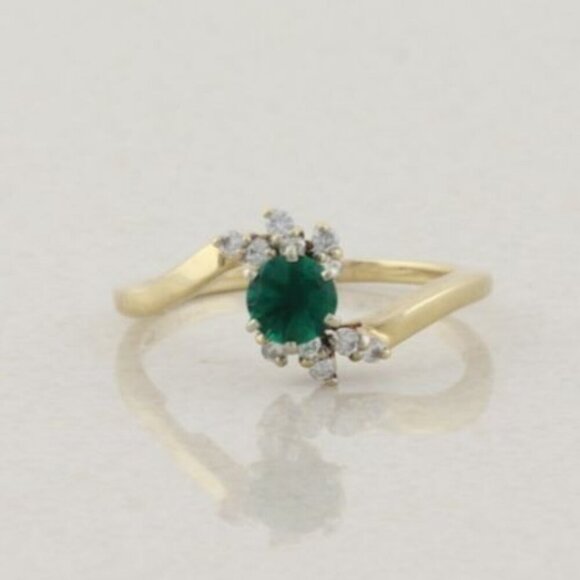 14k Yellow Gold Natural Emerald & Diamond Ring Size 8 1/2 - Picture 1 of 7